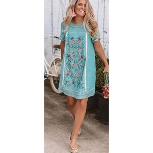 Umgee Teal Floral Embroidered Dress